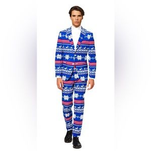 OppoSuits Christmas Men’s 2-Piece The Rudolph Suit Blue Red Reindeer Snowflakes